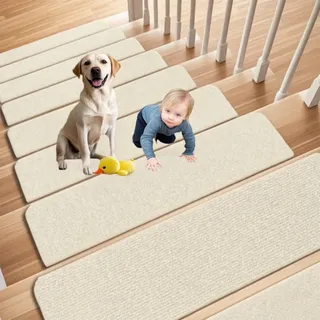 Cnwinu 15 Stück Treppenstufen Matten, Stufenmatten Selbstklebend Antirutsch Treppe Stufenmatten Innen, 60×20cm Treppenteppich, Teppich rutschfest für Kinder, Älteste und Haustiere (Beige)