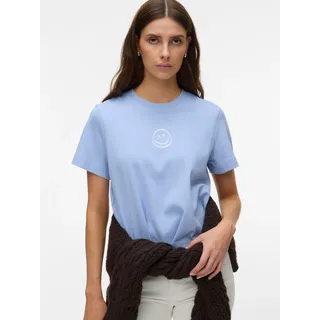 Kurzarmshirt VERO MODA "VMSARA METTE SS TOP BOX JRS GA NOOS", Damen, Gr. M, brunnera blau print:1 smile hellweiß, Jersey, Obermaterial: 100% Baumwolle, bedruckt, regular fit normal, Rundhals, Shirts Kurzarmshirt, Baumwolle, regular fit