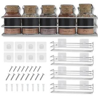 Gewürzregale aus Metall - 4 Stück - fixierbar ohne Bohren - Für Gewürze, als Schrankeinlage oder Organizer - Größe 32,2 x 6,5 x 7,4 cm (Chrom)