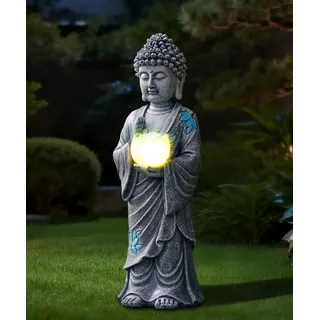 Goodeco Solar Buddha Statue mit Lotuslicht für Garten und Terrasse, Grau