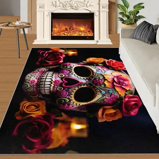 Sugar Skull Teppich – rutschfester und waschbarer Teppich 70 x 140 cm – mexikanisches Hippie-Totenkopf-Design – gruseliger Halloween-Teppich für den Innenbereich, widerstandsfähiger Teppich für