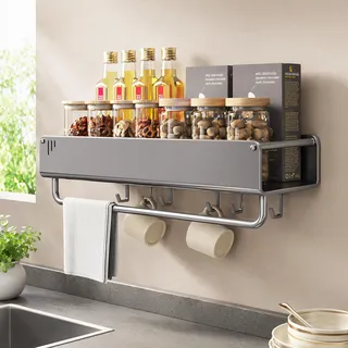 Hängendes Edelstahl-Gewürzregal Anthrazitgold mit 6 Haken & Handtuchhalter | Bohrfrei Gewürzregalsystem Wand Platzsparender Küchenorganizer mit Montagezubehör, perfekt für Wand in Küche & Vorratsraum