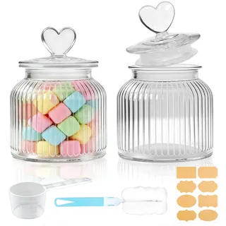 Mssushi 2stk 650ml Luftdicht Vorratsgläser, Glas Bonbonglas Herzförmiges mit Deckel, Geeignet für Candy Bar, Kekse, Süßigkeiten, Küche, inklusive Messlöffel (2, Transparentes Streifendesign)