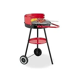 Holzkohlegrill mit Rollen, Ø 42 cm, Picknickgrill Garten & Park, Griller, Windschutz, Rundgrill, schwarz/rot