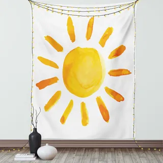 ABAKUHAUS Grunge Wandteppich, Sun Bild Childish Aquarell Pinsel Malerei Stil Kinder Kinderzimmer Spielzimmer Bild, Wohnzimmer Schlafzimmer Seidiger Satin Wandtuch, 150 x 200 cm, Gelb - Gelb