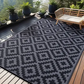 Homaxy Outdoor Teppich Wetterfest, Kunststoff Stroh UV-beständig Wendbar Faltbar Waschbar Balkon Garten Teppich für Terrasse Camping Picknick (240 x 300 cm, Schwarz & Grau)