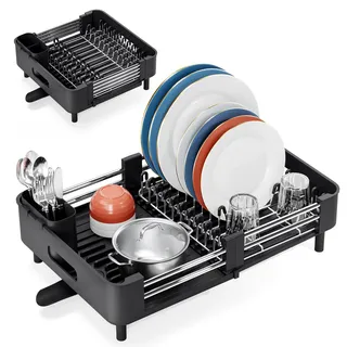 KINGRACK Abtropfgestell Geschirr, Erweiterbares Abtropfgestell für Küchentheke, Faltbares Edelstahl Geschirrabtropfgestell mit Abnehmbarem Besteckhalter, Kratzfestem Teller-Gestell, Schwarz