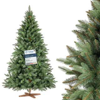 FAIRYTREES Weihnachtsbaum künstlich, Nordmanntanne Premium 180 cm, Naturgetreue Spritzguss Elemente, Künstlicher Weihnachtsbaum mit handgefertigtem Ständer aus Eschenholz