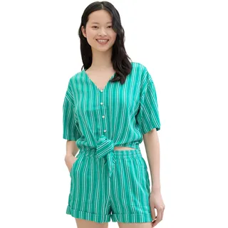 TOM TAILOR Denim Damen Leinen-Bluse mit Knoten-Detail, green white vertical stripe, S