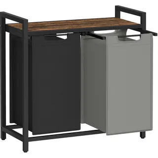 VASAGLE Wäschekorb 2 Fächer, Wäschesammler mit Ablage, Wäschebox, Wäschesack aus Oxford-Gewebe abnehmbar, Metallrahmen, 2 x 46 L, 73 x 33 x 72 cm, tintenschwarz-Taubengrau-vintagebraun BLH201X01