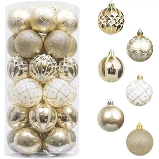 Valery Madelyn Weihnachtskugeln 30 TLG. 5cm Christbaumkugeln Weihnachtsbaumschmuck Bruchsicher Plastik Weihnachten Deko mit Anhänger für Party Weihnachtsdeko Elegant Thema Weiß Gold(M)