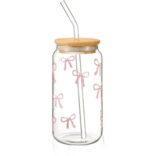 16 oz Glas mit Deckel und Strohhalm – Elegantes Bow Design, Vielseitiger Trinkbecher für Matcha, Kaffee & Cocktails, Clean Girl Aesthetic, Perfekt für Zuhause, Büro & Geschenk (Frauen & Mädchen)