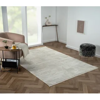 Myflair Teppich "My Circles", beige (creme, hellgrau, weiß), B:160cm H:10mm L:230cm, Polyester, MYFLAIR MÖBEL & ACCESSOIRES, Teppiche, Teppich, Kurzflor, modernes Design, Retro-Style, mit Fransen, besonders weich
