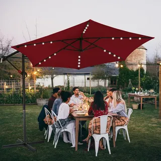 Jiubiaz Sonnenschirm Rot LED Solar Ø350cm Ampelschirm Gartenschirm Marktschirm Kurbel Balkon Alu Neigbar - Rot