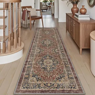 DEXI Läufer Flur Teppich 60 x 150 cm, Küchenläufer Lange waschbar rutschfest, Schmutz & Wasser Aufnehmen Dünne Vintage Teppichläufer für Hauseingänge, Küche, Waschküche, Rostrot
