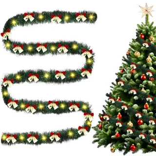 Weihnachtsgirlande mit Beleuchtung Schleifen,Künstliche Girlande Weihnachten Beleuchtet Tannengirlande mit Beleuchtung Weihnachtsdeko Girlande mit Weihnachtsschleife für Außen Innen (Silber Rot, 10m)