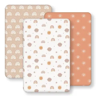 FIEMOL Baby Spannbettlaken Beistellbett 55x90 cm Spannbetttuch, 3er-Pack Mikrofaser Bettlaken Beistellbett, Ultrasanft & Seidigglatt Orange Sonne Regenbogen