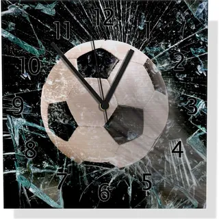 Wallario Design Wanduhr Fußball - im Fenster, Splitter und Glas aus Aluverbund, Größe 30 x 30 cm - Schwarz