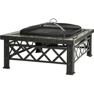 Outsunny 3-in-1 Feuerschale Feuerkorb Feuerstelle mit Funkenschutz Grillrost Eiskübel Garten BBQ Schwarz 76 x 76 x 47 cm