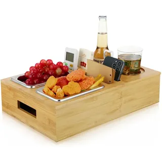 Kiss me Couch Bar Organizer - Couchbar Snackbox Couchbar Personalisierbar mit 2 Edelstahl Snackschalen Organizer und Flaschenhalter- Sofatablett (Bamboo)