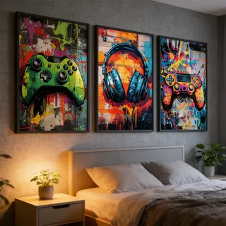 3er Poster Set, Coole Street-Graffiti-Gaming-Controller-Kopfhörer Bilder, Jugend-Gaming-Poster, E-Sport-Kunstdrucke für Teen Jungen Zimmer Schlafsaal Spiel Zimmer Dekor, ohne Rahmen (50 x 70 cm)