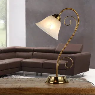 Licht-Erlebnisse Tischlampe Glas Metall in Messing Wohnzimmer Büro 43 cm E14 Rustikal blendarm Nachttisch Schreibtisch Tischleuchte Schlafzimmer ATHEN