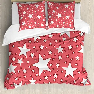 ABAKUHAUS Koralle Bettbezug Set, Große und kleine Sternfiguren platzen jugendliche energetische Feier Design festlich, 155 x 220 cm + 80 x 80 cm, Weiß Korallenrot Rot - Weiß, Rot