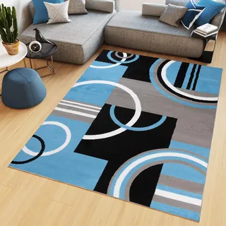 TAPISO Maya Kollektion Teppich Kurzflor Modern Vierecke Kreise Streifen Figuren Design Schwarz Grau Blau Weiß Wohnzimmer Schlafzimmer Büro ÖKOTEX 250 x 300 cm