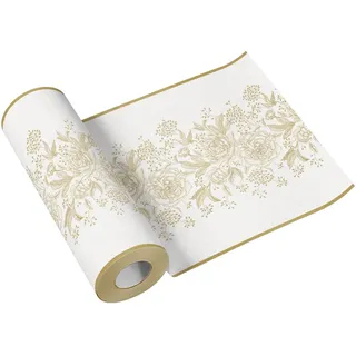 Paw Decor Collection PAW - Tischläufer aus Airlaid (40 cm x 24 m) I Tischdeko für Kommunion, Konfirmation, Hochzeit, Geburtstag, Gartenparty, Taufe I Tischband - Blumen, Blätter, Gold I Farbe: Rose Peonies