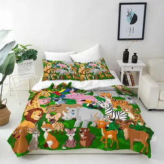 ANHOPE Dschungel Tiere Bettwäsche 100x135 cm 1 Kissenbezug 40x60 cm | Elefant Giraffe Tiger Zebra Muster, Mikrofaser Bettbezug mit Reißverschluss, Kinder-Bettwäsche-Set für Jungen und Mädchen