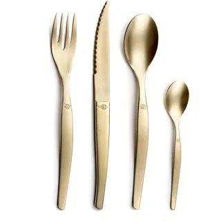 Lou Laguiole JET Steakbesteck Set JET – Besteck Set für 4 Personen | 16-teilig | Champagnerfarben | PVD Besteckset | Mikroverzahnte Klinge für langanhaltende Schärfe, Champagner