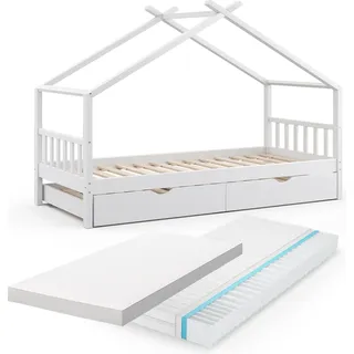 Hausbett Vitalispa Design Weiß 90x200 cm mit Gästebett und 2 Matratzen, Model 36826 - Weiß