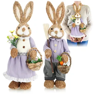 com-four® 2X XL Stroh Osterhase handgemacht - 44 cm Deko-Osterhase zur Osterdekoration - Strohfiguren für Ostern - Deko-Hase aus Stroh - handgefertigte Hasen (02 Stück - 44cm Flieder/blau)