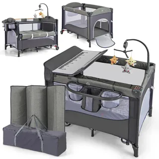 Fantask 5 in 1 Beistellbett, Babybett höhenverstellbar mit Matratze & Rollen, Reisebett Baby mit Wickeltisch, Hängespielzeug, Spieluhr & Sicherheitsgurt, Stubenwagen Babywiege für Kleinkinder (Blau)