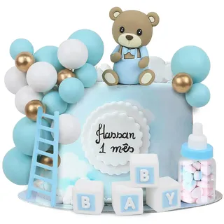 LARDUX 24 Stück Baby Dusche Kuchen Dekorationen, Teddybär Kuchen Dekoration DIY Kuchen für Baby Junge Mädchen Geburtstag Party Bär Baby Dusche Dekor - Blau