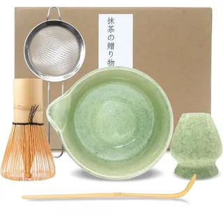 Matcha Set 5 Teilig Matcha Tea Set Matcha Pulver Set Matchaset Bambus Mit Matcha Besen/Whisk,Sieb,Matcha Schüssel/Schale mit Ausgießer,Besen Halter Matcha Zubehör Tee Set für die Teezeremonie (Gras)