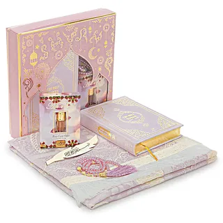 Ihvan Online Muslimisches Gebetsgeschenk-Set für Hadsch und Umrah, Teppich, Matte, Perlen Taasbih, Heiliger Koran, Übersetzt Englisch, Islamisches Set für Ramadan & Eid, Rosa