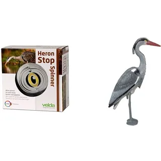 velda Heron Stop Spinner, Spiegelndes Edelstahl Windspiel gegen Reiher und Tauben & Relaxdays Dekofigur Reiher, Schutz gegen Fischreiher, stehender Graureiher, in Boden einsteckbar, grau