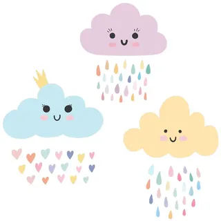 Wallfluent Wandaufkleber 130x167cm - Lächelnde Wolken , Multicolor , Kunststoff , Rechteckig , 130x167x0.1 cm , Tapeten & Wandverkleidungen, Wandtattoos & Sticker, Wandtattoos