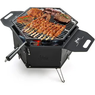 COSTWAY 2 in 1 großer Holzkohlegrill mit 360° drehbarem Grill, Campinggrill mit Griffen zum Kochen & Heizen, Feuerschale klappbar 77x74x38cm - Schwarz