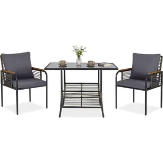 COSTWAY Polyrattan Gartenmöbel Set, 3-teiliges Balkonmöbel-Set mit Kissen, Tisch & 2 Stühlen, Terrassenmöbel, Outdoor Lounge Möbel Grau - Braun, Grau