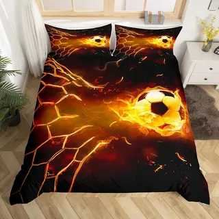 Loussiesd Fußball Bettwäsche Set Junge Teenager Sport Bettwäscheset Kinder 135 x 200 Soccor Jugendzimmer Dekor Bettwäsche Schwarz Orange Flamme Fußball Schuss Bettwäsche Set mit 1 Kissenbezug 80x80cm