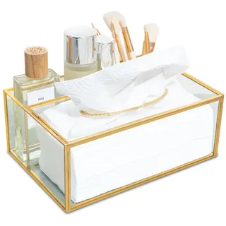 Taschentücher Box, SLHEQING Taschentuchbox Glas Kosmetiktücher Box Rechteckig Couchtisch Organizer, Tücherbox in denen Fernbedienung, Gold Taschentuchspender
