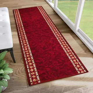 TAPISO Anti Rutsch Teppich Läufer rutschfest Brücke Meterware Oriental Rot Gelb Ornament Design Meliert Flur Küche Wohnzimmer 80 x 280 cm