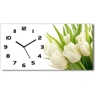 Wanduhr aus Glas – 60x30 cm - Glasbild - Glasuhr - Gehärtetes Glas - schwarze-zeiger - Weiße Tulpen