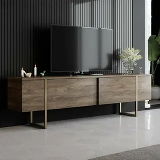 Dmora - Fernsehschrank Centaurus, Ständer für Wohnzimmerfernseher, Niedriges Wohnzimmer-Sideboard, TV-Ständerbasis, 180x30h50 cm, Walnuss und Gold