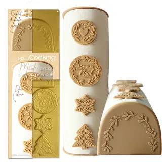 ScrapCooking – Silikonform mit Deko-Elementen & Tüllen für Weihnachtsrolle – 32 x 11 cm – Tannenbäume, Schneeflocken – Weihnachtsdesserts – Gold – 2973