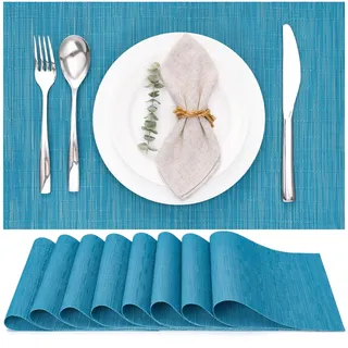 Myir JUN Tischsets Abwaschbar 8er Set, Gewebte Platzdeckchen rutschfest Abgrifffeste Hitzebeständig, Vinyl Platzsets Abwaschbar für küche Speisetisch Hotel, Platz-Matten30x43.5cm (Blau)