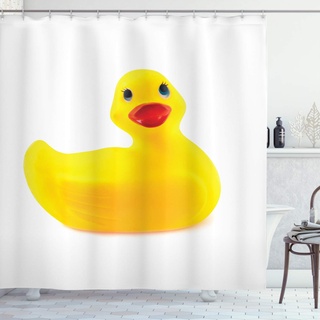 ABAKUHAUS Badeente Duschvorhang, Yellow Ducky, Stoffliches Gewebe Badezimmerdekorationsset mit Haken, 175 x 220 cm, Weiß und Gelb