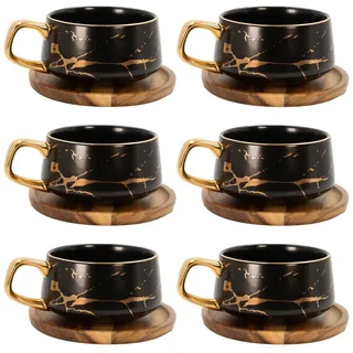 Intirilife Kaffeetasse Marmor Design 200 ml mit Untersetzer (6-tlg.) , Schwarz , Keramik , 12-teilig , 0.2 L , 13x6.3x13 cm , leicht zu reinigen , Geschirr, Tassen, Tassen Sets